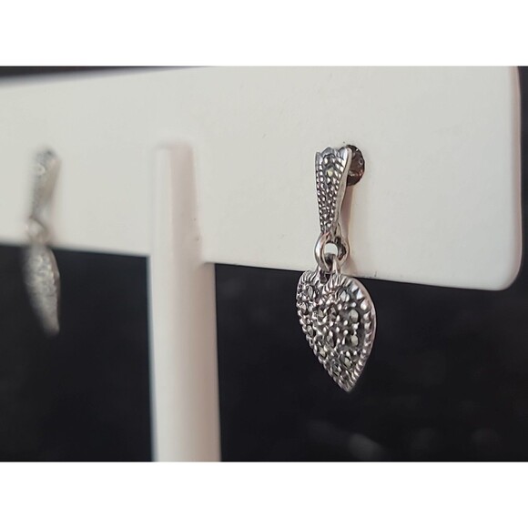 925 Sterling Silver Marcasite Dangling Heart Shaped Pierced Earrings Vintage - Picture 5 of 10